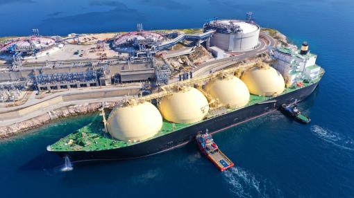 Aerial drone photo of LNG (Liquified Natural Gas) tanker